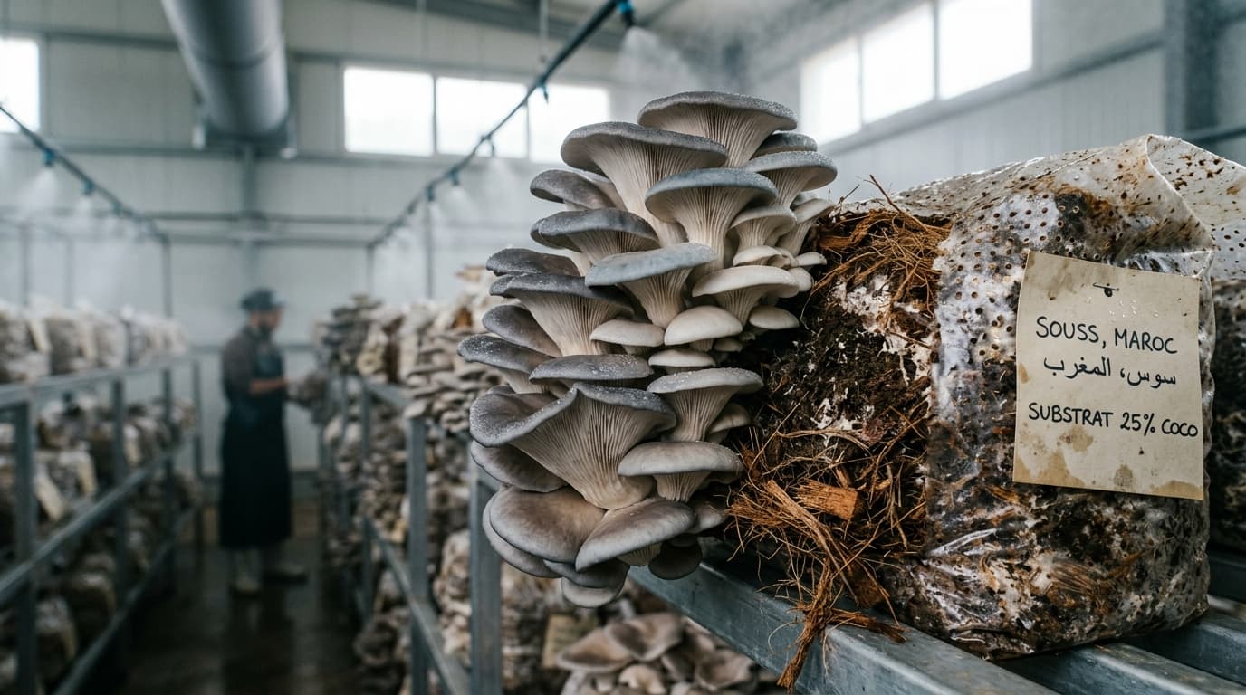 Oyster mushrooms on Souss coco substrate